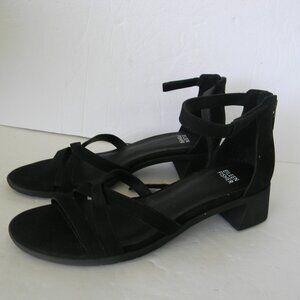 EILEEN FISHER BLACK SUEDE STRAPPY ANKLE STRAP SANDALS LOW BLOCK HEEL 8.5M NONI